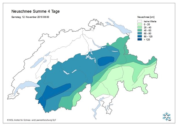 Figure 3: Sommes de neige tombée en quatre jours du 8 au 12.11.2016, calculées aux stations IMIS et mesurées par les observateurs du SLF. 
