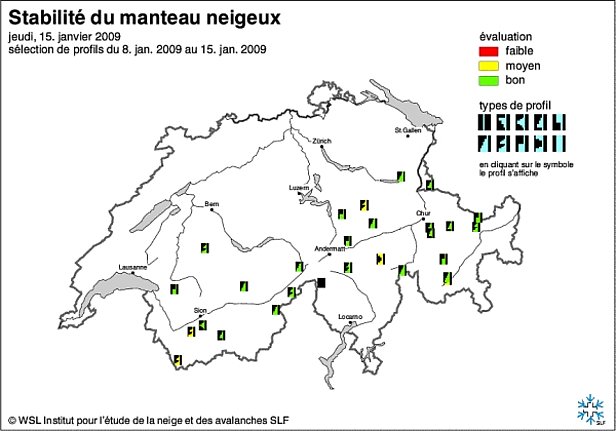Figures 14 et 15: Cartes de stabilité du manteau neigeux de début janvier (en haut) et de la mi-janvier 2009 (en bas).