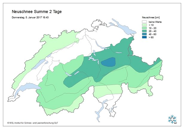 Abb. 7: Am Mittwoch und Donnerstag bis zum Redaktionsschluss gefallener Neuschnee, gemessen an den IMIS-Stationen (Interkantonales Mess- und Informationssytem). Vom Berner Oberland bis nach Nordbünden und im Unterengadin schneite es 20 bis 40 cm (in den Glarner Alpen lokal bis 60 cm), sonst verbreitet 10 bis 20 cm, am Alpensüdhang weniger oder es blieb trocken.
