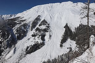 Un paysage montagneux enneigé avec des pentes abruptes et des arbres conifères, sous un ciel bleu clair. La neige recouvre le sol, indiquant un environnement alpin.