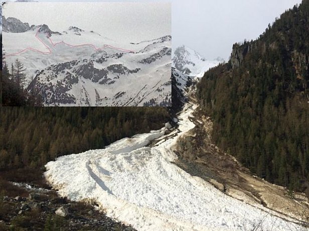 Photo 31: Avalanche survenue le 1er ou le 2 mai au glacier des Grands dans la région de Trient, VS. La rupture se situait à environ 3100 m; elle était exposée au nord et avait sans doute une largeur d’environ 2 km. L’avalanche a parcouru une distance d’environ 3,5 km; elle est descendue jusque dans le fond de la vallée à 1650 m et avait une hauteur de dépôt de plus de 10 m. Sur la base l'échelle européenne des tailles d'avalanches, elle est classée comme très grande (taille 5) (photo: M. Volorio 03.05.2015).