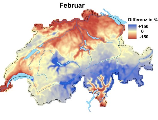 Abb. 3 und Abb. 4: Schneehöhen im Vergleich zum langjährigen Mittel im Januar (oben) und im Februar 2009 (unten).