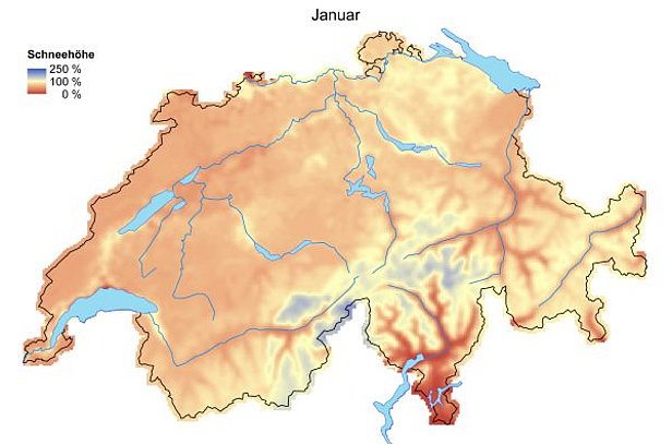 Abb. 3: Schneehöhen im Vergleich zum langjährigen Mittel (1971-2000) im Januar 2015 (oben) und im Februar 2015 (unten).