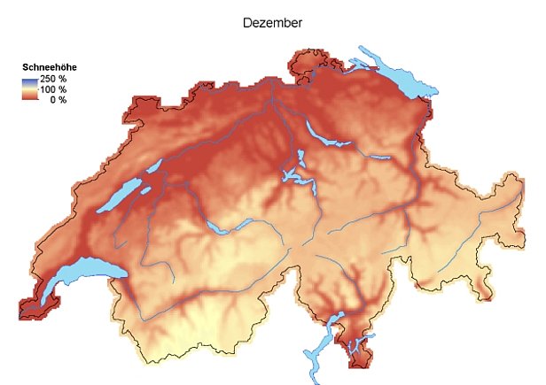 Abb. 3: Schneehöhen im Vergleich zum langjährigen Mittel (1971-2000) im November 2013 (oben) und im Dezember 2013 (unten).