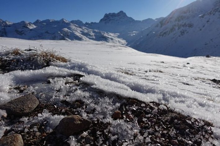 Oberflächenreif auf der Südwestseite des Sertigpasses (S-chanf, GR), dahinter der 3418 m hohe Piz Kesch (Foto: SLF/K. Winkler, 04.12.2016).
