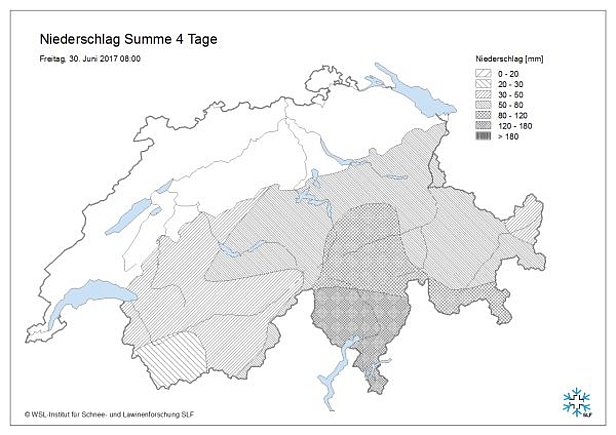 Abb. 5: Niederschlags- und Neuschneesumme vom Montagabend, 26.06. bis Freitagmorgen, 30.06. gemessen an den automatischen Stationen von MeteoSchweiz und SLF. Oberhalb von rund 3500 m entsprach ein Millimeter Regen etwa einem Zentimeter Schnee.