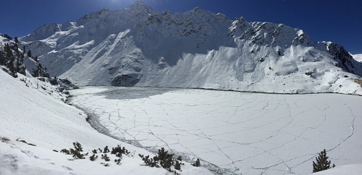 Les pentes "Les Lués" sur la rive gauche du lac de Cleuson ont lâché. La plus grande avalanche a presque traversé le lac. Toute la glace s'est brisée sous le choc (Nendaz, VS; photo: P. Boven, 10.03.2017).