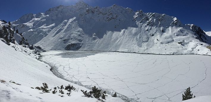 Les pentes "Les Lués" sur la rive gauche du lac de Cleuson ont lâché. La plus grande avalanche a presque traversé le lac. Toute la glace s'est brisée sous le choc (Nendaz, VS; photo: P. Boven, 10.03.2017).