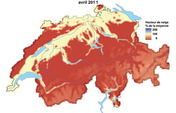 Figures 5 et 6: Hauteurs de neige comparées aux moyennes pluriannuelles en mars 2011 (en haut) et en avril 2011 (en bas).