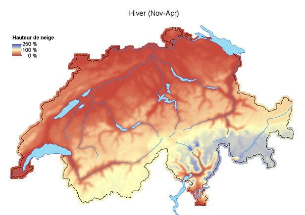 Figure 6: Hauteurs de neige sur toute la période hivernale (novembre à avril) comparées aux moyennes pluriannuelles (1971-2000).