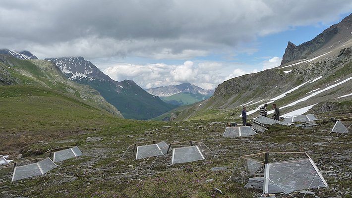 Paysage de montagne avec, sur le sol, plusieurs constructions en plastique transparent. Trois personnes se tiennent au milieu de la partie droite de l’image, entourées de montagnes et de nuages.