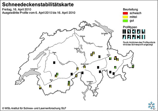 Abb. 18 und Abb. 19: Schneedeckenstabilitätskarten von Anfang (oben) und Mitte (unten) April 2010.
