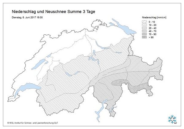Abb. 3: Niederschlags- und Neuschneesumme vom Samstag-, 03.06. bis Dienstagabend, 06.06. gemessen an den automatischen Stationen von MeteoSchweiz und SLF. Oberhalb von rund 3200 m entsprach ein Millimeter Regen etwa einem Zentimeter Schnee.