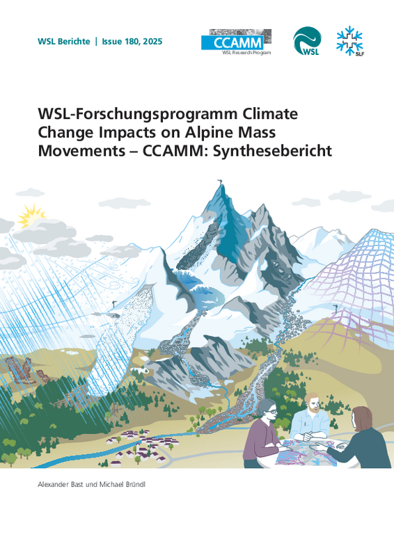Three people sit at a table in the foreground, looking at maps or plans. In the background, a large snow-covered mountain with steep rocky faces rises prominently. Surrounding the mountain are green meadows, forests, and a river. On the right side, a transparent grid-like mesh overlays a hill, possibly representing a model or simulation. The top of the page features the title 'WSL Research Program Climate Change Impacts on Alpine Mass Movements – CCAMM: Synthesis Report'.