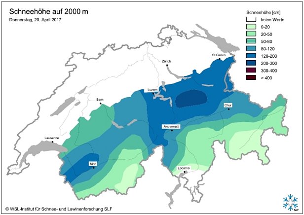 Abbildung 10: Schneehöhe auf 2000 m. Für die Berechnung wurden SLF- und MeteoSchweiz-Stationen zwischen 1600 und 2300 m berücksichtigt. Die Angaben gelten für horizontale Flächen. Grafik gross (Quelle: Beobachter des SLF, automatische IMIS-Stationen).