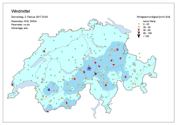 Abb. 3: Windrichtung und -geschwindigkeit in der Nacht auf Freitag, 03.02., gemessen an den automatischen Stationen der MeteoSchweiz und des SLF.