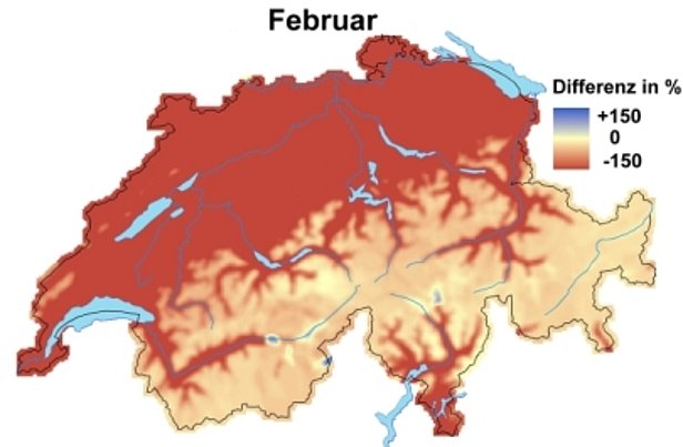 Abb. 3 und Abb. 4: Schneehöhen im Vergleich zum langjährigen Mittel im Januar (oben) und im Februar (unten).