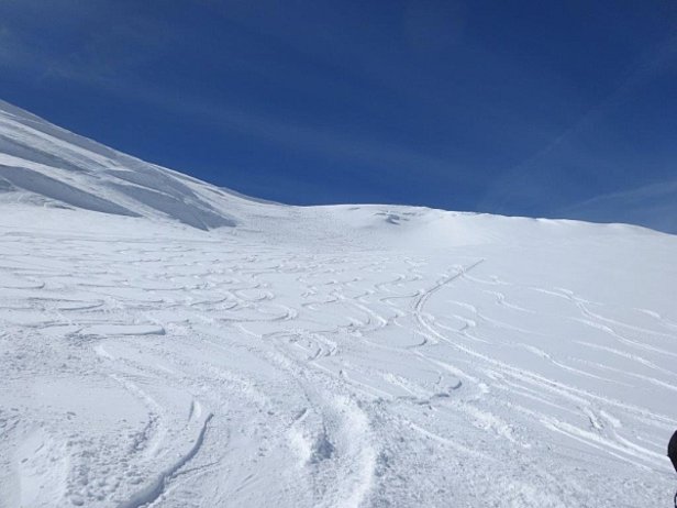 Photo 3: Poudreuse en altitude. Ici 20 cm de neige poudreuse, au Strahlhorn (Saas-Almagell, VS). Un bruit sourd perçu plus bas montrait qu’une certaine prudence était requise (photo: U. Berni, 14.05.2017).