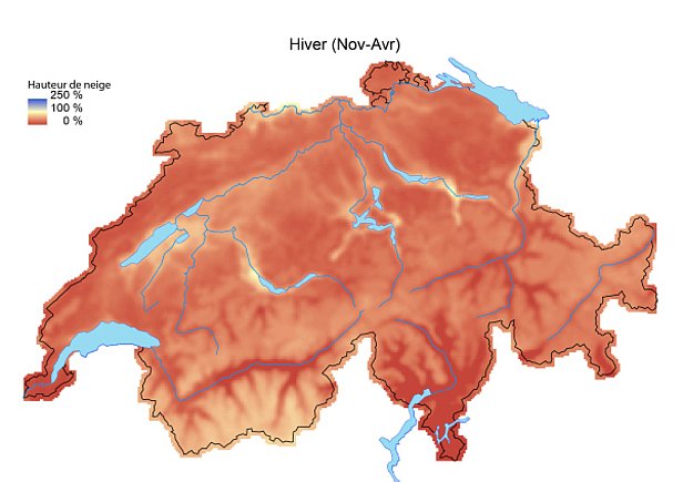 Fig. 5: Hauteurs de neige pendant tout l’hiver (novembre à avril) en comparaison avec la normale pendant tout l’hiver (1971-2000, agrandir la graphique).