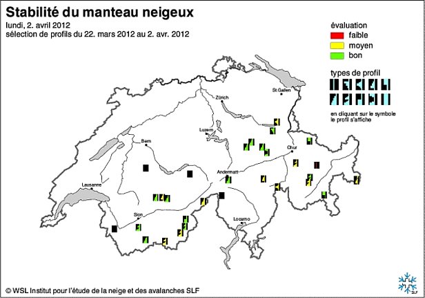 Figures 14: Cartes de stabilité du manteau neigeux de la mi-mars (en haut) et de fin mars ou début avril 2012 (en bas).