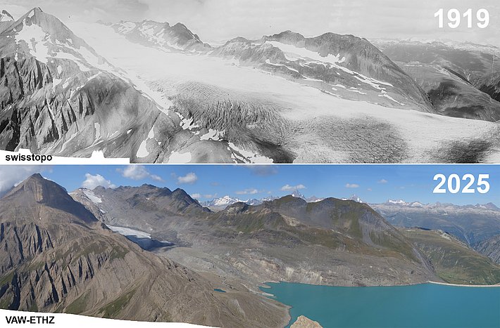 Split image showing Gries Glacier in 1919 covered with ice and snow, and in 2025 mostly ice-free with visible lake and rocks.