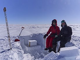 Sawing profiles and blocks is tiring and difficult to do alone. Tired but happy, I sit on the edge of the profile with my volunteer helper Marco Buttu. After a short break we pack up the block. (Photo: Matthias Jaggi / SLF)
