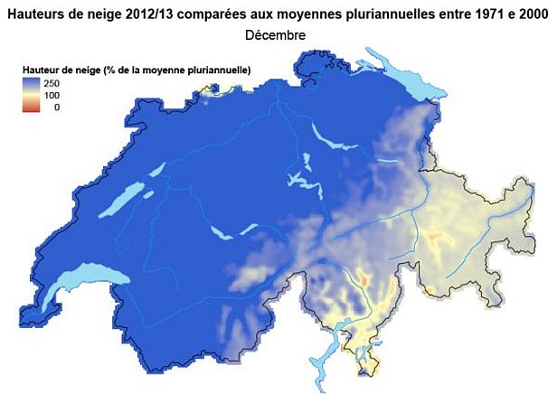 Figure 1: Hauteurs de neige comparées aux moyennes pluriannuelles (1971-2000) en novembre 2012 (en haut) et en décembre 2012 (en bas).