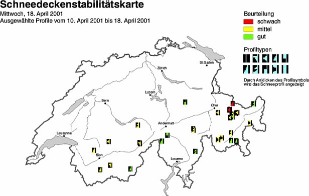 Abb. 30 und Abb. 31: Schneedeckenstabilitätskarten von Anfang (oben) und Mitte (unten) April 2001.