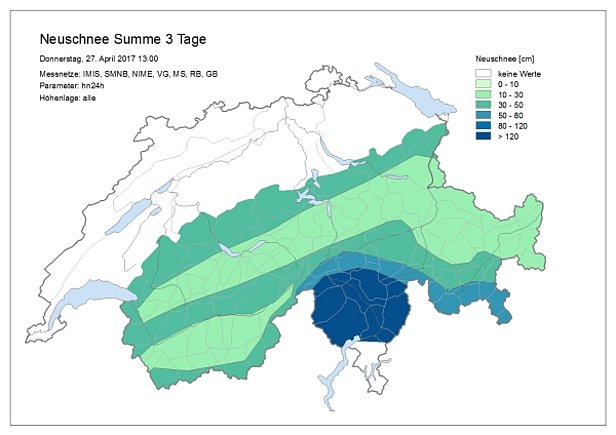 Abb. 3: 3-Tagesneuschneesumme von Montagabend, 24.04. bis Donnerstagmittag, 27.04. Die Schneefallgrenze lag im Süden bei 1500 bis 2000 m, in Norden sank sie von rund 1800 m bis in die tiefe Lagen. Die dargestellten Neuschneemengen fielen verbreitet erst oberhalb von rund 2200 m (Quelle: Beobachter des SLF und automatische IMIS-Stationen).