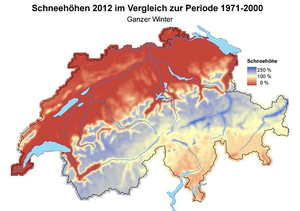 Abb. 4: Schneehöhen über den ganzen Winter (November bis April) im Vergleich zum langjährigen Mittelwert (1971-2000) über den ganzen Winter.