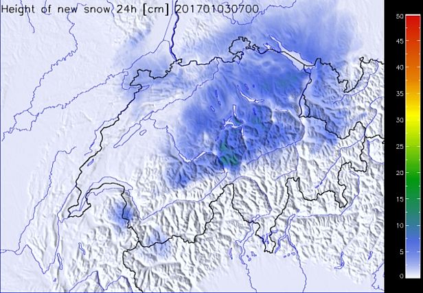 Abb. 6: Neuschnee am Dienstag, 03.01. morgens um 7 Uhr, ermittelt aus Daten automatischer Stationen und Radarmessungen (Quelle: MeteoSchweiz).