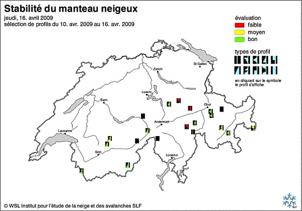 Figures 20 et 21: Cartes de stabilité du manteau neigeux de début avril (en haut) et de la mi-avril 2009 (en bas).
