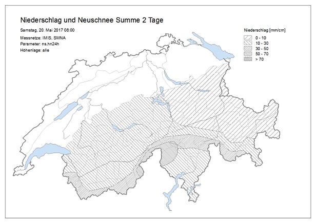 Abb. 3: Niederschlags- und Neuschneesumme vom Donnerstagmorgen, 18.05. bis Samstagmorgen, 20.05. gemessen an den automatischen Stationen von MeteoSchweiz und SLF. Oberhalb von rund 2800 m entsprach ein Millimeter Regen etwa einem Zentimeter Schnee. Damit fielen am Alpenhauptkamm verbreitet 30 bis 50 cm, vom Simplongebiet bis ins nordwestliche Tessin bis 70 cm Schnee. 