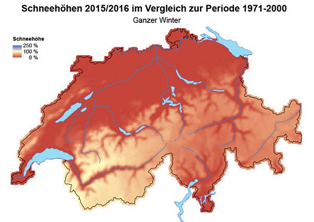 Abb. 5: Schneehöhen über den ganzen Winter (November bis April) im Vergleich zum langjährigen Mittelwert über den ganzen Winter (1971-2000, Grafik gross).