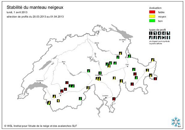 Fig. 14 : Cartes de stabilité du manteau neigeux de mi-mars (en haut) et de fin mars ou début avril 2013 (en bas).