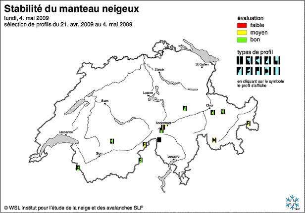 Figure 22: Carte de stabilité du manteau neigeux du début mai 2009.