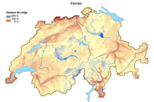 Figure 3: Hauteurs de neige comparées aux moyennes pluriannuelles (1971-2000) en janvier 2015 (en haut) et en février 2015 (en bas).