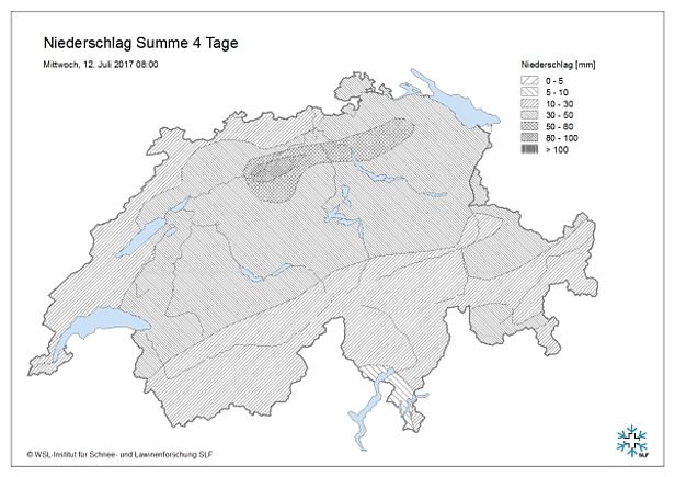 Abb. 4: Niederschlagssumme vom Samstag-, 08.07. bis Mittwochmorgen, 12.07. gemessen an den automatischen Stationen von MeteoSchweiz und SLF. In den höchsten Lagen des Hochgebirges entsprach ein Millimeter Regen etwa einem Zentimeter Schnee.