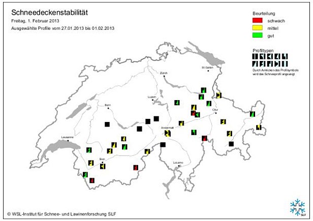 Abb. 12: Schneedeckenstabilitätskarten von Mitte Januar (oben) und Ende Januar bzw. Anfang Februar 2013 (unten).