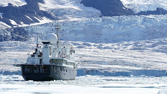 Photo 1: Our superbly equipped research vessel, the Nansen Explorer, off the coast of East Greenland. (Photo: Beat Frey)