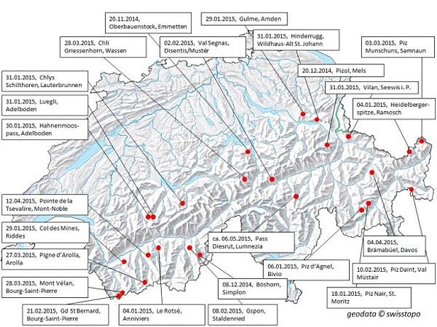Figure 32: Accidents d’avalanche au cours de l’hiver 2014/15 (situation au 31 mai 2015).