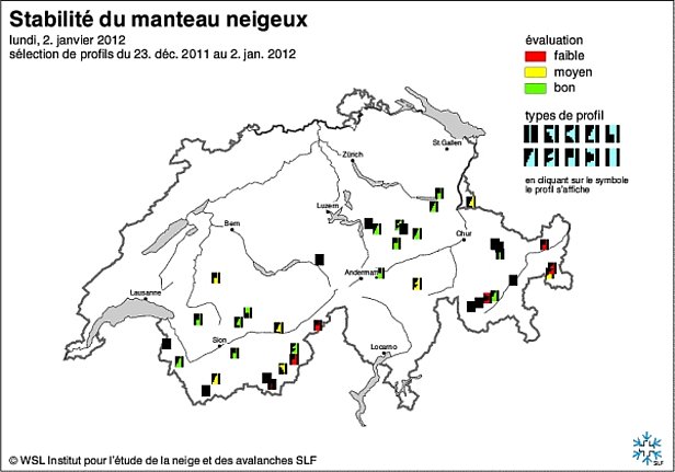 Figure 11: Cartes de stabilité du manteau neigeux de la mi-décembre (en haut) et de fin décembre 2011 ou début janvier 2012 (en bas).