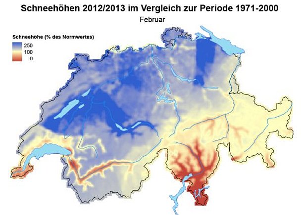 Abb. 2: Schneehöhen im Vergleich zum langjährigen Mittel (1971-2000) im Januar 2013 (oben) und im Februar 2013 (unten).