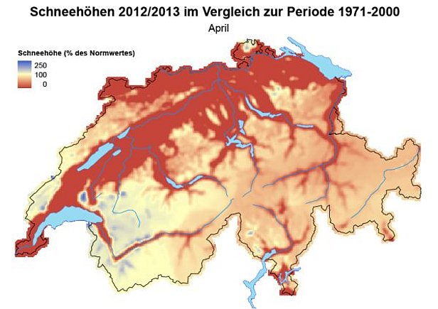 Abb. 3: Schneehöhen im Vergleich zum langjährigen Mittel (1971-2000) im März 2013 (oben) und im April 2013 (unten).