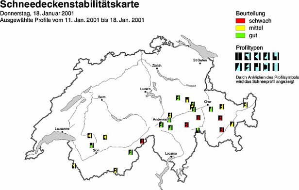 Abb. 17 und Abb. 18: Schneedeckenstabilitätskarten von Anfang (oben) und Mitte (unten) Januar 2001.