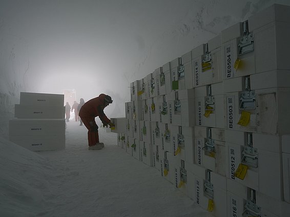 Half of the ice cores from the Beyond EPICA project are stored underground here in Antarctica as a backup. Temperatures in this underground snow cave remain at a constant –50°C, so there is no need for electrical cooling. (Photo: Matthias Jaggi / SLF)