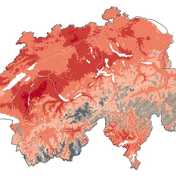 Mappa della Svizzera con sfumature di colore nei toni del rosso e del blu che indicano le diverse regioni.