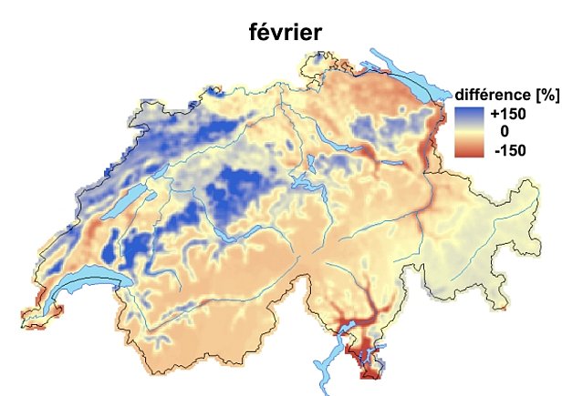 Figures 3 et 4: Hauteurs de neige comparées aux moyennes pluriannuelles en janvier (en haut) et en février 2010 (en bas).