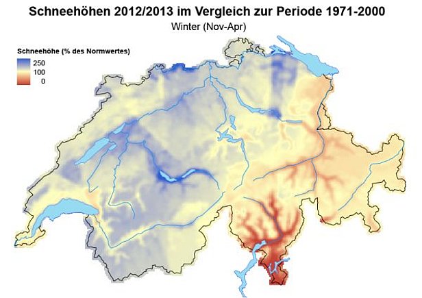 Abb. 4: Schneehöhen über den ganzen Winter (November bis April) im Vergleich zum langjährigen Mittelwert (1971-2000) über den ganzen Winter.