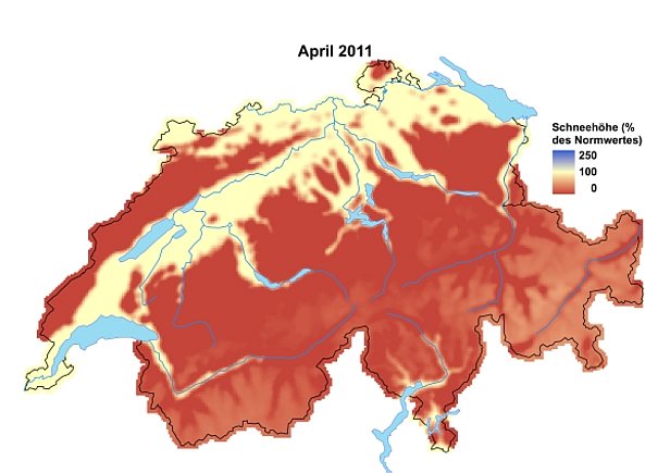 Abb. 5 und Abb. 6: Schneehöhen im Vergleich zum langjährigen Mittel im März 2011 (oben) und im April 2011 (unten).